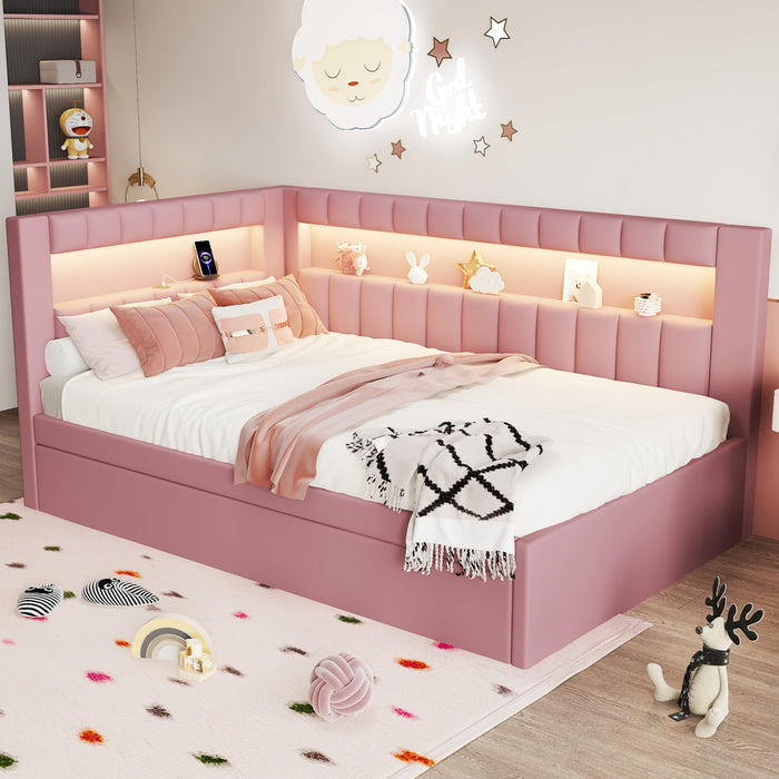 Lily Upholstered Platform Bed with LED and USB Ports,Pink Twin Bed