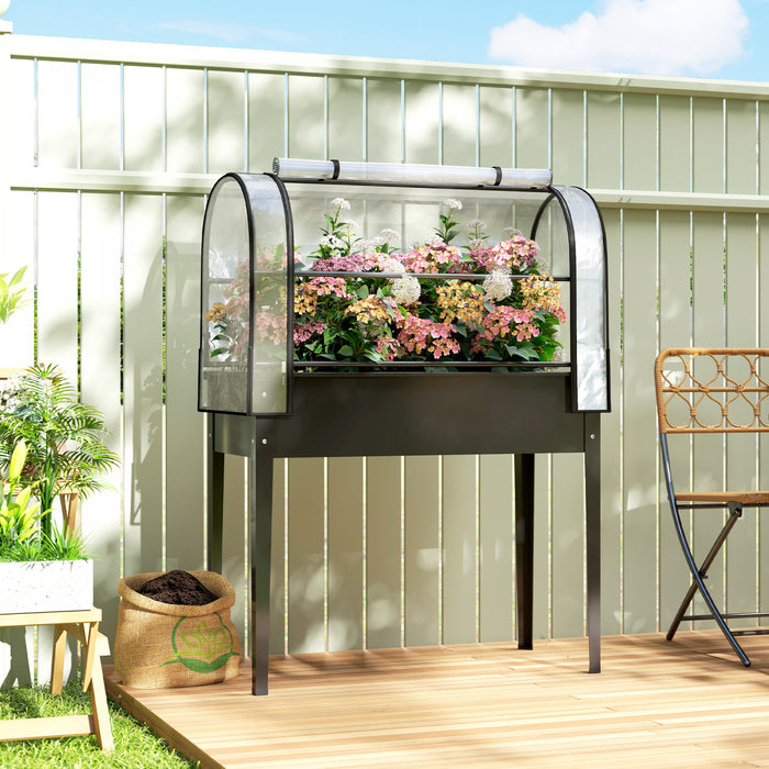 Outsunny Metal Raised Garden Bed with Flip-Up Greenhouse Cover, Black