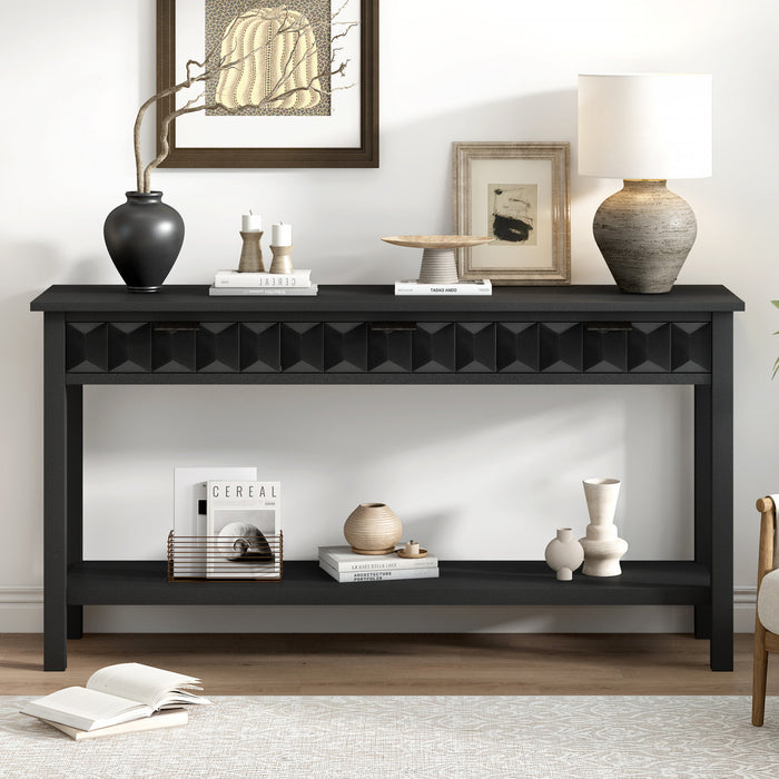 Oliver 60'' Fir Veneer Entryway Table with Honeycomb Design and Drawers, Black Sofa Table