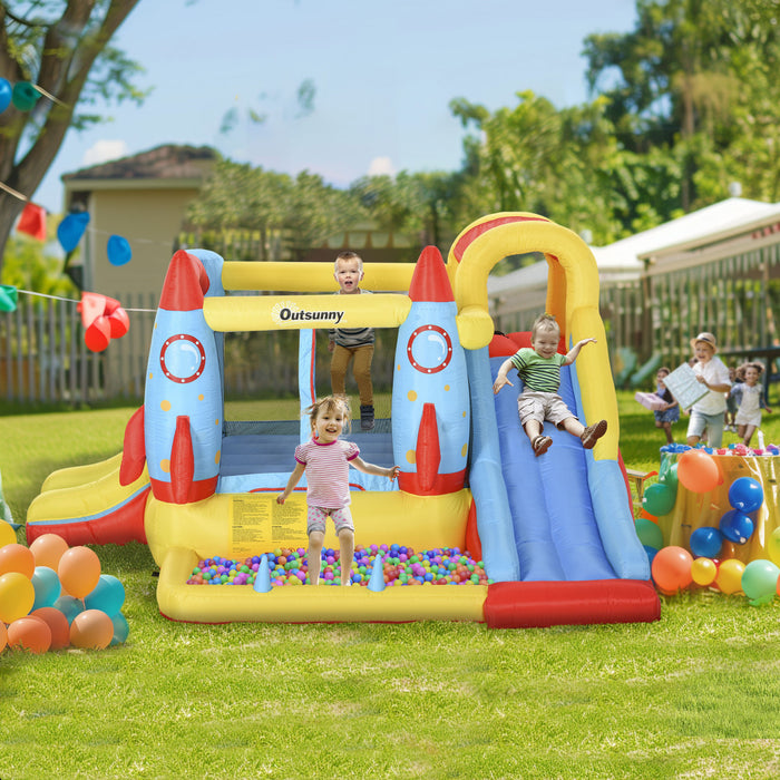 Outsunny Bouncy Castles For Kids Inflatable Water Slide Trampoline, 4 In 1 Bounce House With 450w Air Blower For Kids Age 3-8 Rocket Design 10.8' X 8.7' X 6.1'