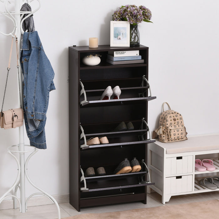 HOMCOM Narrow Shoe Storage Cabinet w/ 3 Flip Doors and Open Shelf, Coffee