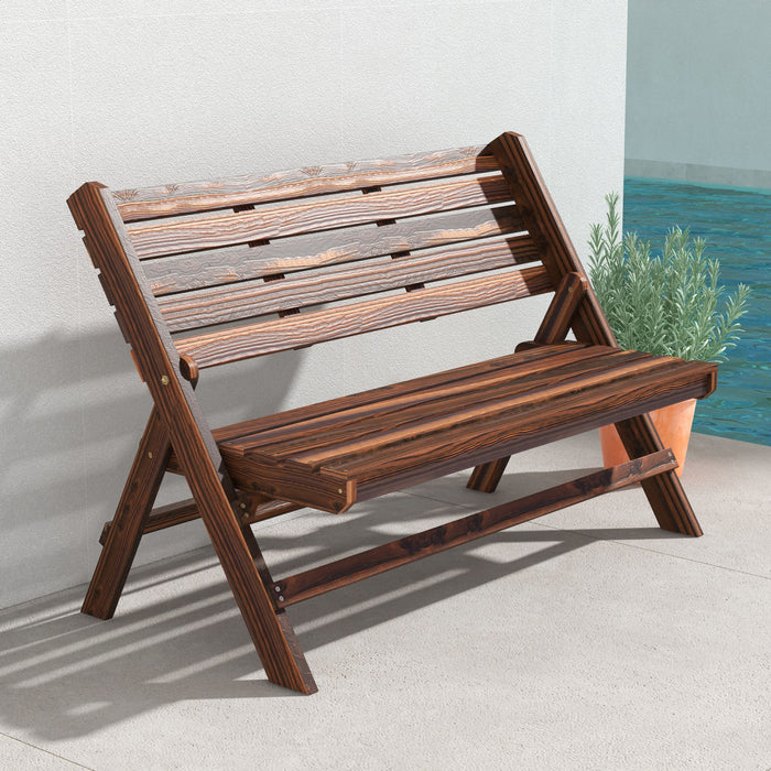 2-seater Wooden Outdoor Bench, Foldable Garden Bench, Carbonised Finish