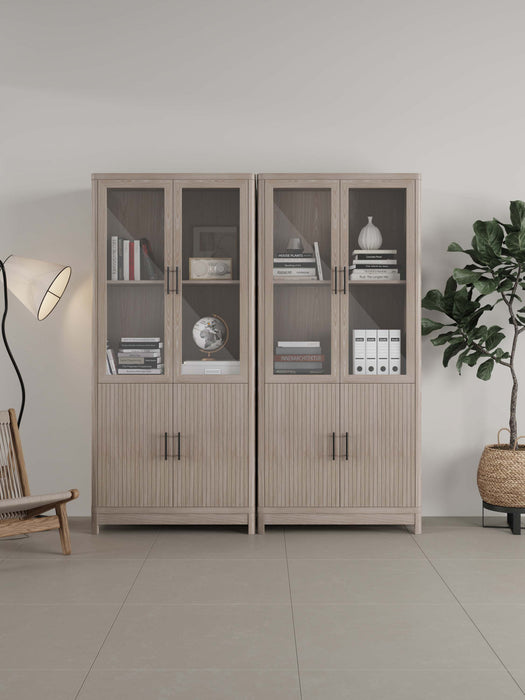 Jodie Mid-Century Modern 31\" Bookcase Cabinet in Whitewashed Oak (6-Shelf) - Set of 2