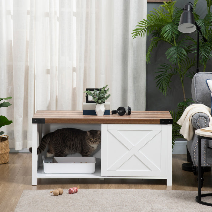 Pawhut Cat Litter Box Enclosure With Sliding Door, Cat Washroom Storage Bench With Cat Hole, Indoor Cat House End Table With Sturdy Wooden Structure, White