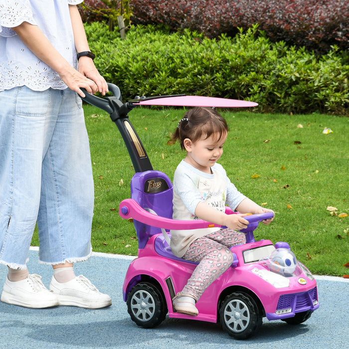 Qaba Push Car, 3 In 1 Kids Ride On Car Toddler Sliding Car With Music, Light, Foot To Floor Baby Car With Handle, Removable Canopy, Safety Guardrail, Horn, Pink