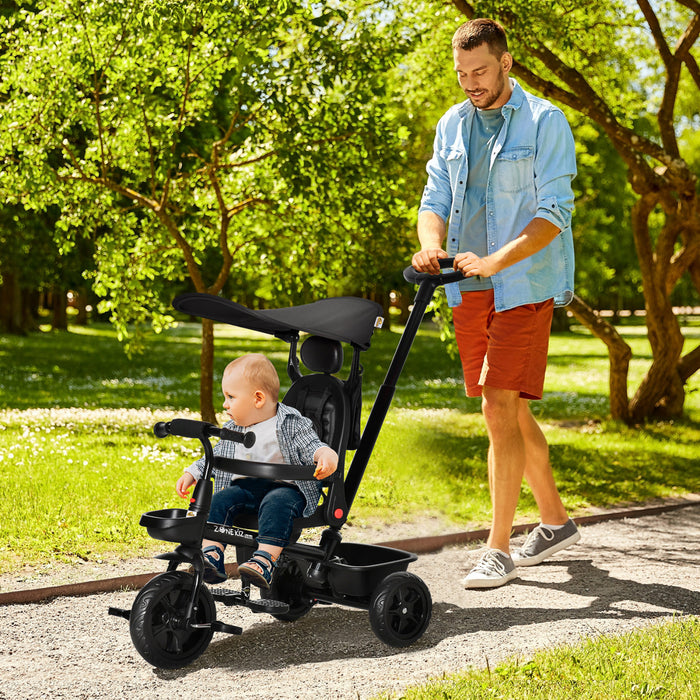 Qaba Kids Tricycle 4 In 1 Trike With Reversible Angle Adjustable Seat Removable Handle Canopy Handrail Belt Storage Footrest Brake Clutch For 1-5 Years Old Black