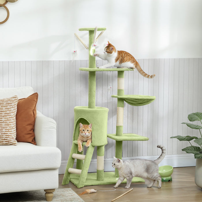 PawHut Cat Tree, 53\" Cat Tower for Indoor Kittens with Sisal Scratching Posts, Plush Perches, Condo, Hammock, Ladder, Dangling Toys, Multi-Level Kitty Activity Centre, Green