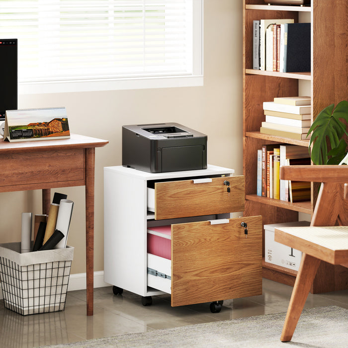 HOMCOM 2 Drawer File Cabinet with Lock Wheels Hanging Bars Nature Wood