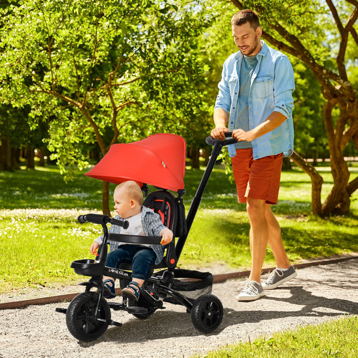 Qaba Baby Tricycle 4 In 1 Trike W/ Reversible Angle Adjustable Seat Removable Handle Canopy Handrail Belt Storage Footrest Brake Clutch For 1-5 Years Old Red