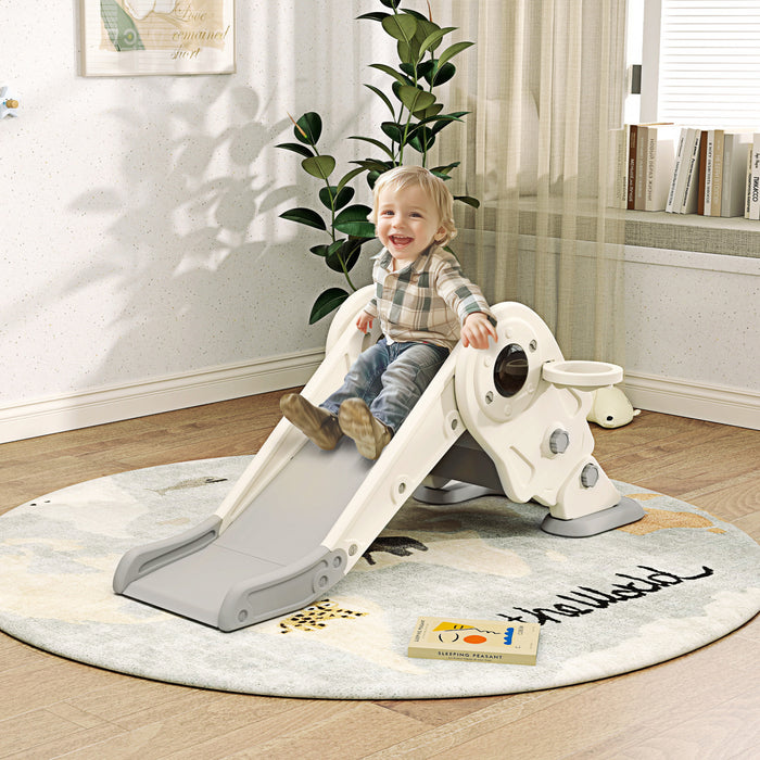 Qaba 3 In 1 Toddler Slide, Foldable Kids Slide With Basketball Hoop, Climber, Anti-slip Steps, Space-themed Children Activity Equipment For Age 2-5, Cream White