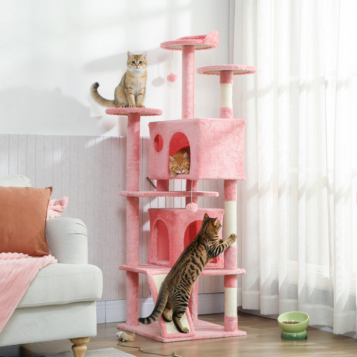 PawHut 63\" Cat Tree, Cat Tower for Indoor Cats with Scratching Posts, Cat Condos, Bed, Platforms, Ramp, Toy Ball, Cat Activity Center, Pink