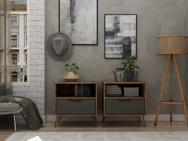 Rockefeller Mid-Century Modern 20\" Nightstand in Gray (1-Drawer) - Set of 2