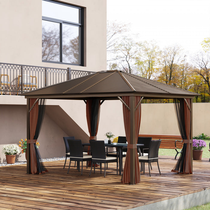 Outsunny 10' X 12' Deluxe Hardtop Gazebo With Metal Roof, Aluminum Frame Patio Gazebo Garden Sun Shelter Outdoor Pavilion With Curtains And Netting, Brown