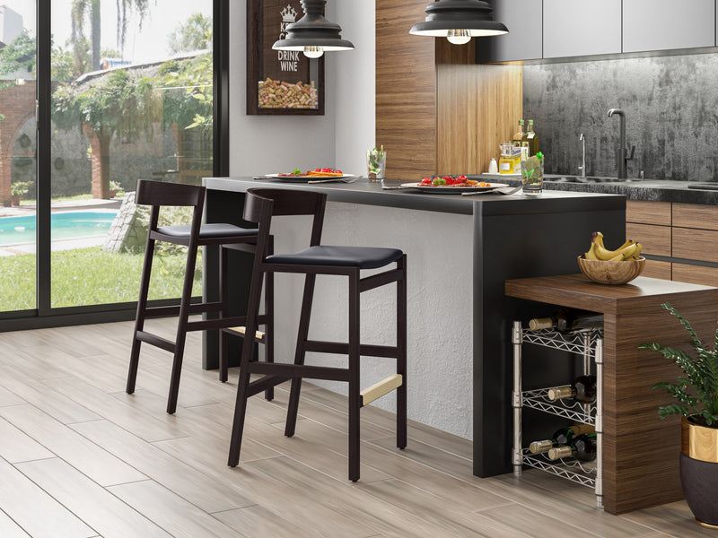 Klismos Mid-Century Modern Wood Upholstered Counter Stool in Black - Set of 3