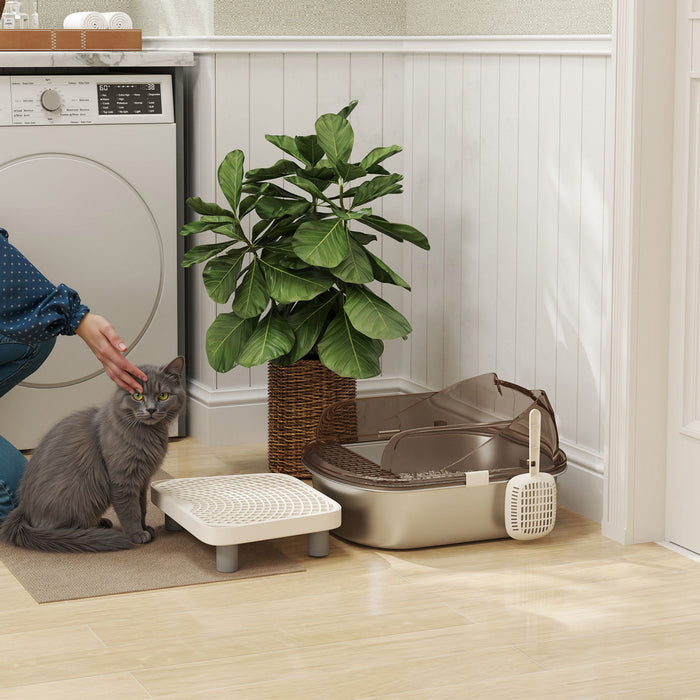 PawHut Stainless Steel Cat Litter Box with Lid, Metal Kitty Litter Pan Tray with Step, High Sided Enclosure, Scoop, Non-Sticky & Anti-Urine Leakage, Easy Cleaning