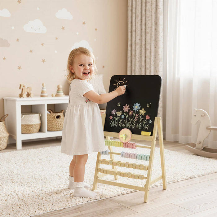 Qaba Art Easel for Kids, Wooden Standing Kids Easel with Double-Sided Chalkboard, Clock, Abacus, Blackboard Eraser for Painting, Early Learning, for Ages 2+, Natural Wood