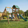 Qaba Wood Swing Set, Outdoor Playset with Slide, 2 Swings, Rock Wall and Covered Upper Deck, Kids Outdoor Playground