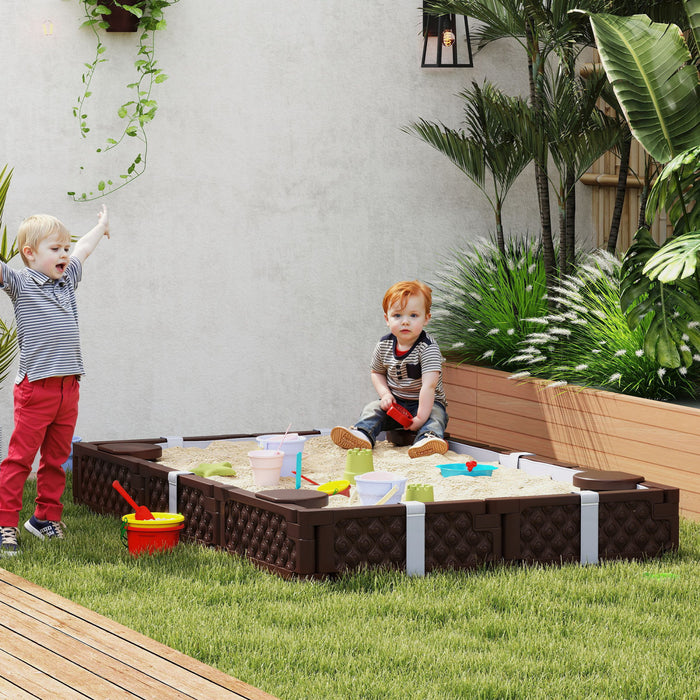 Qaba Kids Sandbox with Cover, Rectangular 73\" HDPE Large Sand Pit with 4 Seats, Waterproof Bottom Liner, Weather Resistant for Backyard, Lawn, Garden, Beach, Patio, Brown
