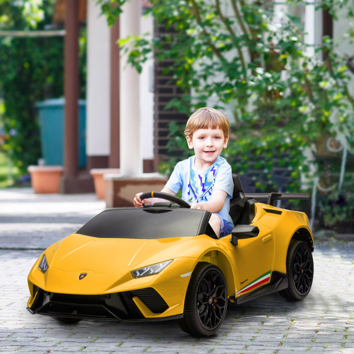 Qaba 12v Electric Powered Ride-On Car For Kids, Lamborghini Huracan Licensed Kids Car With Remote Control, Spring Suspension, Transport Wheels, Soft Start, Led Light, Music, For 3-6 Years, Yellow