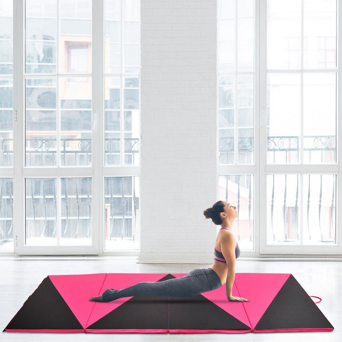 Soozier Folding Gymnastics Mat, Portable Exercise Pad for Yoga MMA, 4 Panels, Pink Black, 4'x10'x2\"