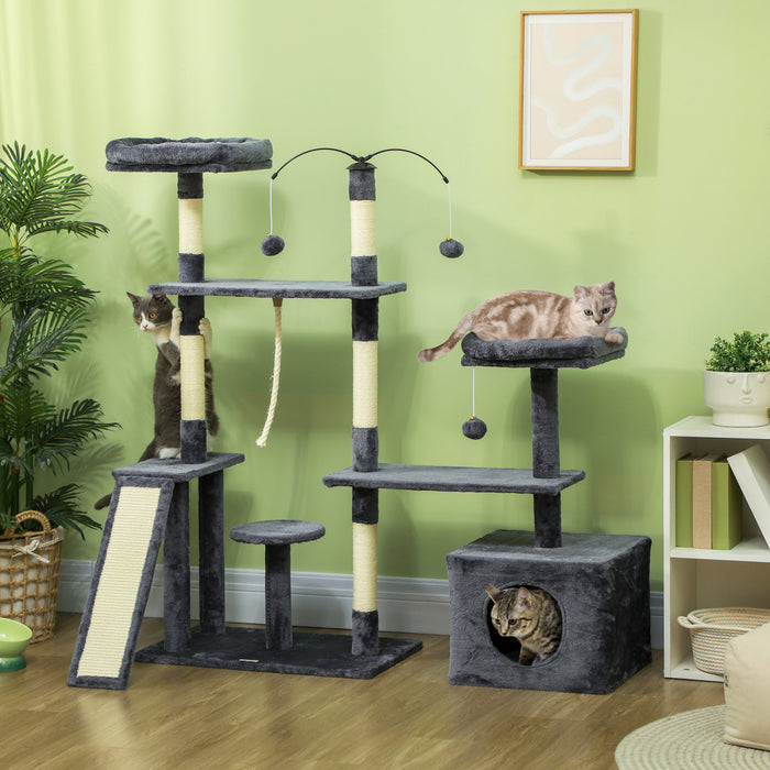 Pawhut 53\" Cat Tree, Multi-level Cat Tower For Indoor Cats With Sisal Scratching Posts, Cat Condo, Beds, Platforms, Ramp, Toy Balls, Cat Activity Center, Dark Grey