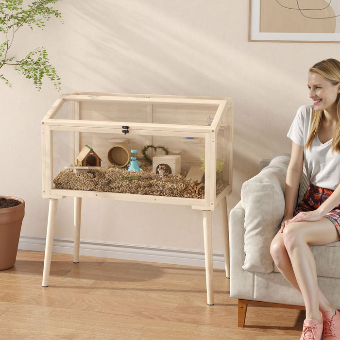 PawHut Wooden Hamster Cage, Gerbil Cage with Openable Top, Seesaws, Platforms, Water Bottle, Hamster Habitat with Transparent Viewing for Syrian, Dwarf, Rats, 43.3\" x 20.5\" x 39.8\"