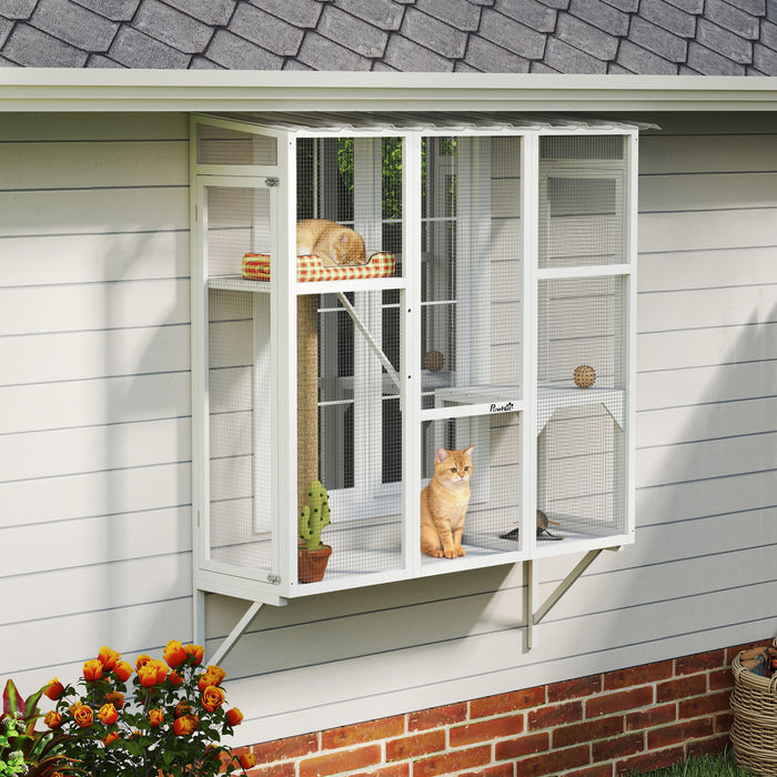 PawHut Catio Outdoor Cat Enclosure, Cat Window Box for 2-3 Cats with 2 Jumping Platforms & Scratching Post, Expendable Secure Window Perch House for Large Indoor Cats, White