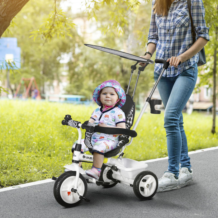 Qaba Kids Tricycle, 6 In 1 Push Bike Stroller With Removable Handlebar, Safety Fence And 5-point Harness, Canopy, Storage Basket, For Toddler 12-60 Months, White