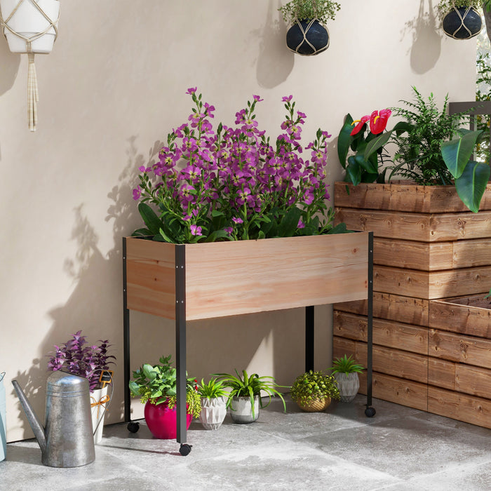Outsunny Wooden Raised Garden Bed With Wheels, Elevated Planter Box With Metal Legs, Drainage Holes And Bed Liner, For Vegetables, Flowers, Herbs