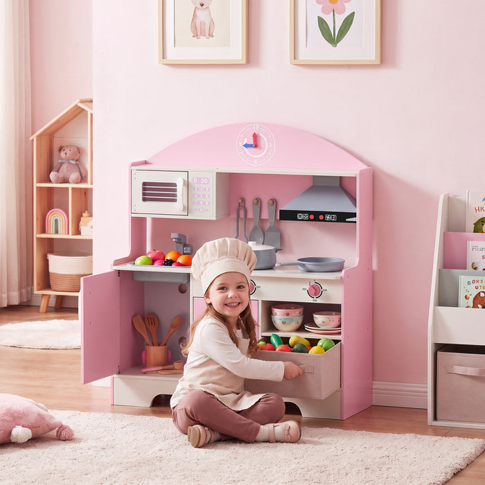 Qaba Wooden Play Kitchen Set for Kids with Real Lights, Sounds, Pretend Toy Play Kitchen Playset with Microwave, Stove, Sink, 5PCs Accessories