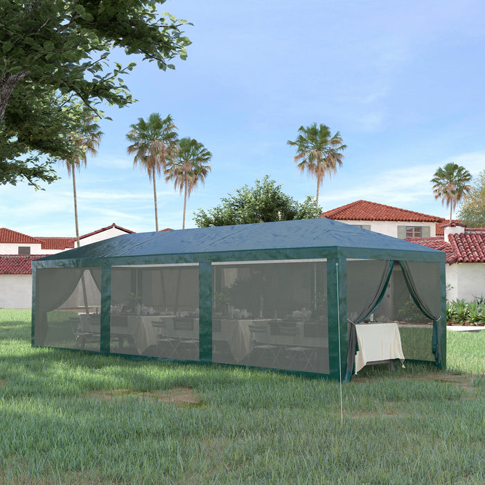 Outsunny 10' X 28' Party Tent Outdoor Canopy Garden Sun Shade With 8 Mosquito Mesh Netting And Zipper Door, Green