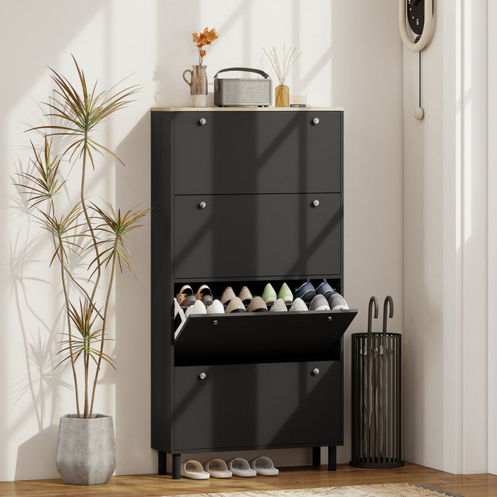 HOMCOM Shoe Cabinet with 4 Flip Drawers, Narrow Shoe Storage Cabinet, Black