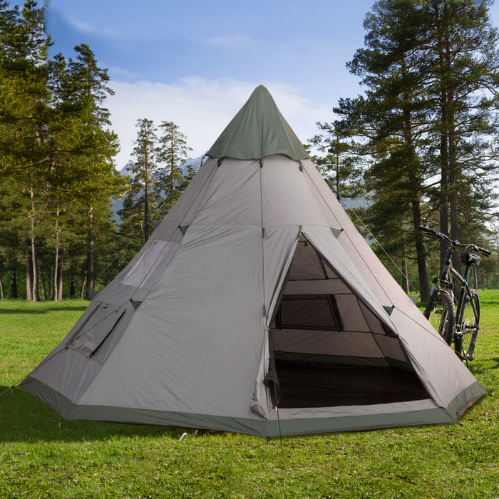 Outsunny 6 Men Teepee Tent, Camping Family Tent With Carrying Bag, Grey