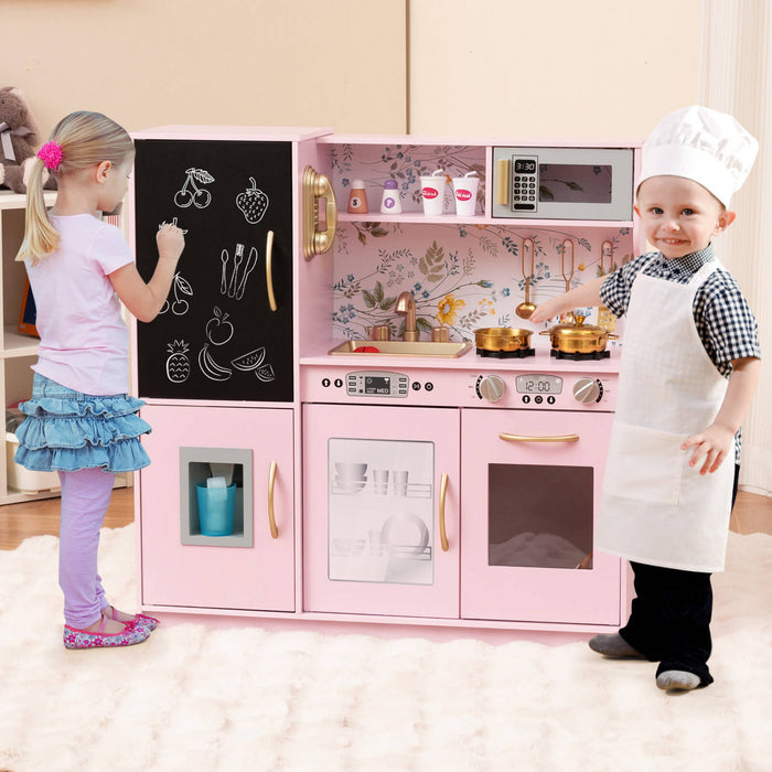 Costway Kid's Pretend Play Kitchen Toddler Kitchen Playset With Blackboard Light Pink