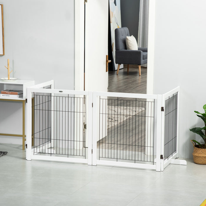 Pawhut Wooden Dog Gate Foldable Pet Fence For Small & Medium Dogs 4 Panel With Support Feet Freestanding Safety Barrier For House Doorway Stairs White