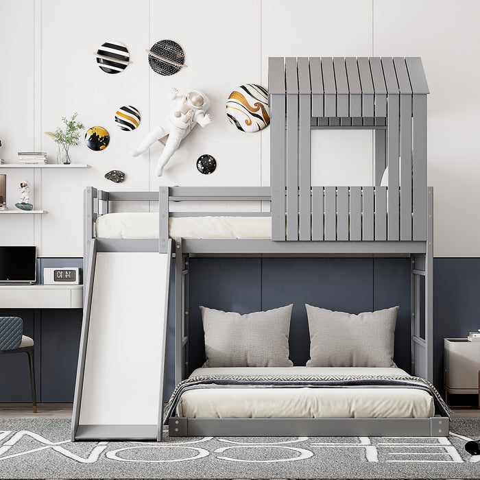Marico Twin Over Solid Wood Full Bunk Bed With Slide, Playhouse Design, Grey
