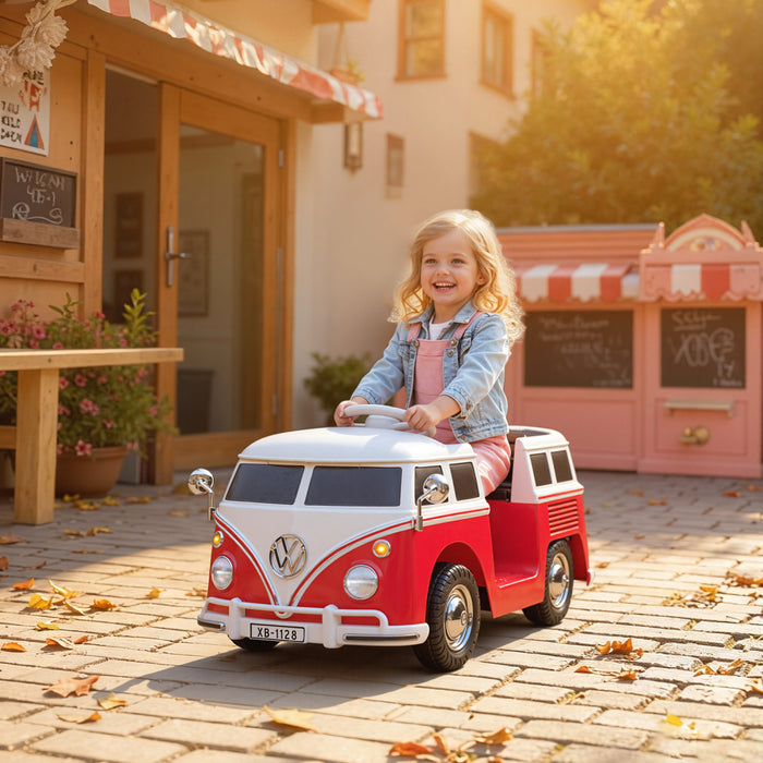 Qaba 12V Kids Ride on Car, Licensed Volkswagen T1 Battery Powered Electric Kids Car with Dual Motor, Soft Start, Music, MP3, LED Lights and Horn, Red