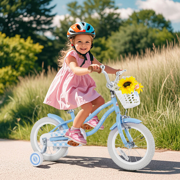 Costway 14\" Kid's Bike With Removable Training Wheels & Basket For 3-5 Years Old Blue