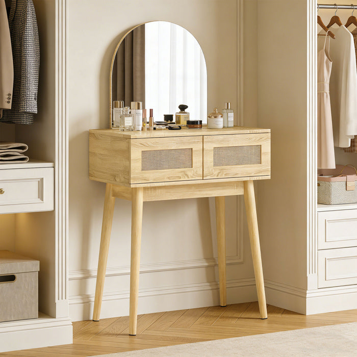 HOMCOM Vanity Desk with Mirror, Makeup Vanity with 2 Drawers, Natural Wood