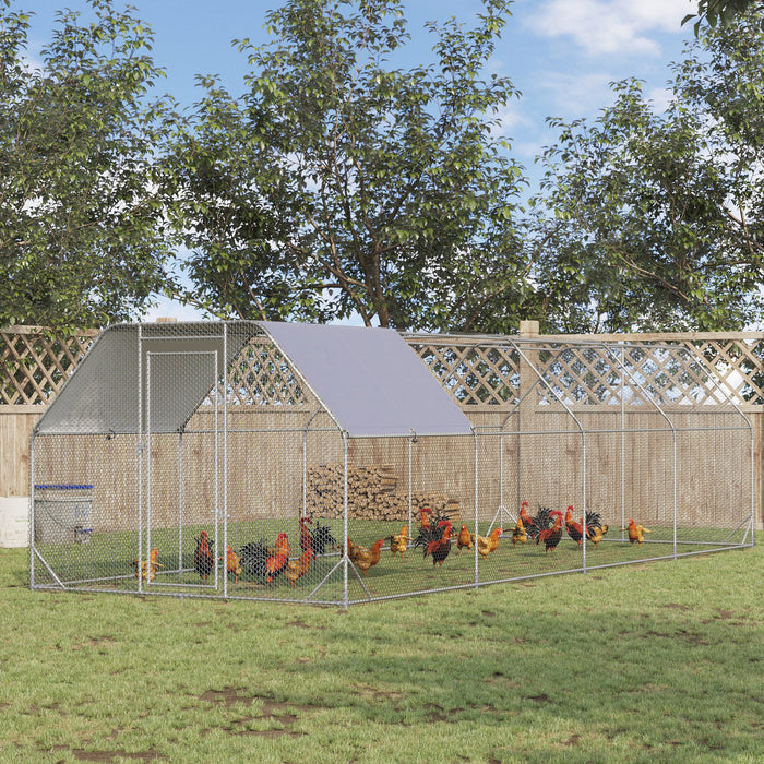 Pawhut Chicken Run, Galvanized Large Metal Chicken Coop Cage, Walk-in Enclosure Poultry Hen Run House Playpen Rabbit Hutch With Flat Roof, Cover, For Outdoor Backyard, 9.2' X 24.9' X 6.5', Silver