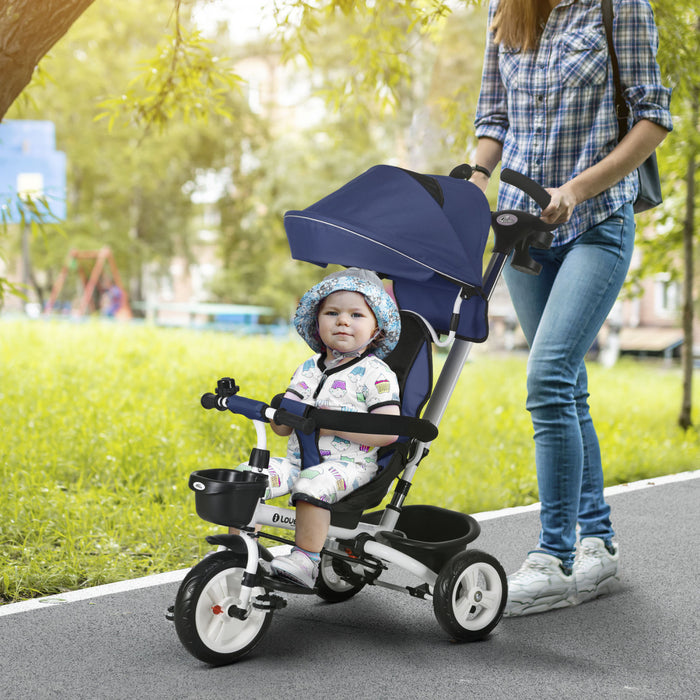 Qaba Toddler Tricycle, 6 In 1 Stroller Bike With Parent Push Handle, Canopy, Storage Baskets, Cupholder, Safety Guardrail And 5-point Safety Belt, For 12-60 Months, Dark Blue