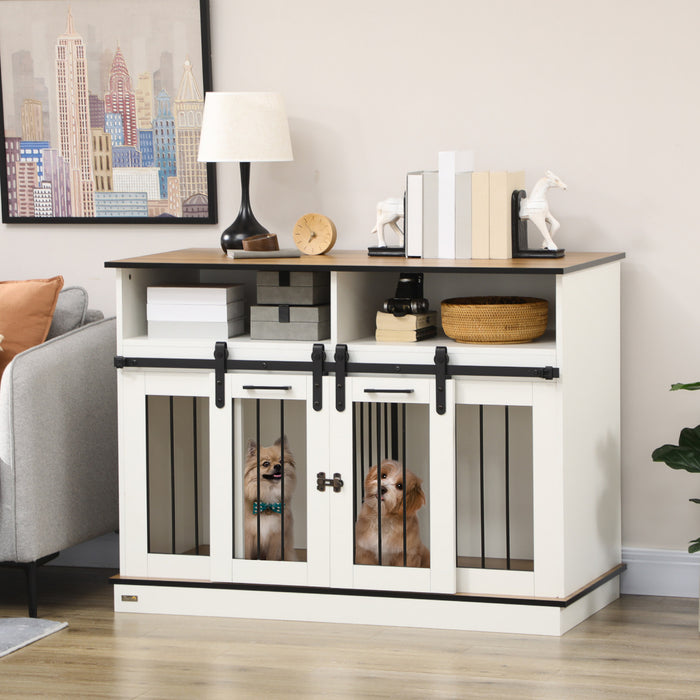 Pawhut Dog Crate Furniture For Large Dogs With Removable Divider, Dog Kennel For 2 Small Dogs With Storage, White