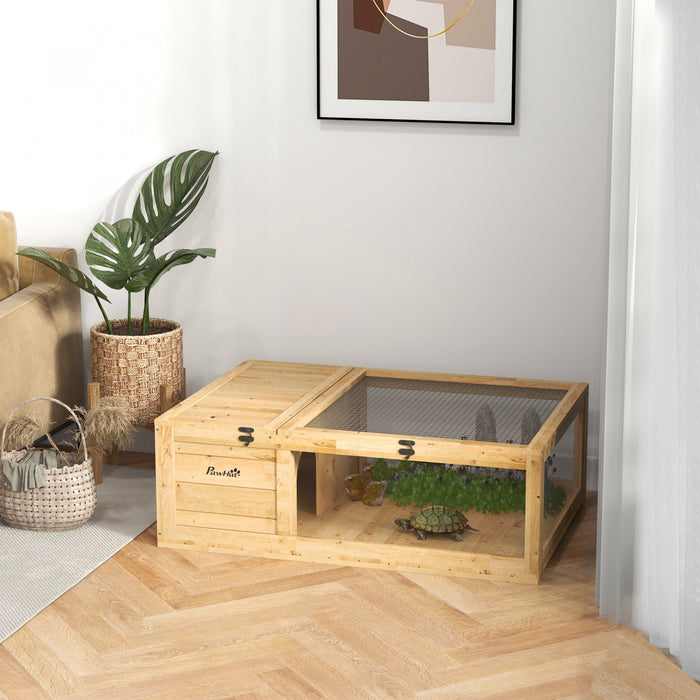 Pawhut Wood Tortoise House Indoor Outdoor Turtle Habitat Reptile Cage For Lizards, Geckos, 35.8\" X 23.8\" X 12.6\", Yellow
