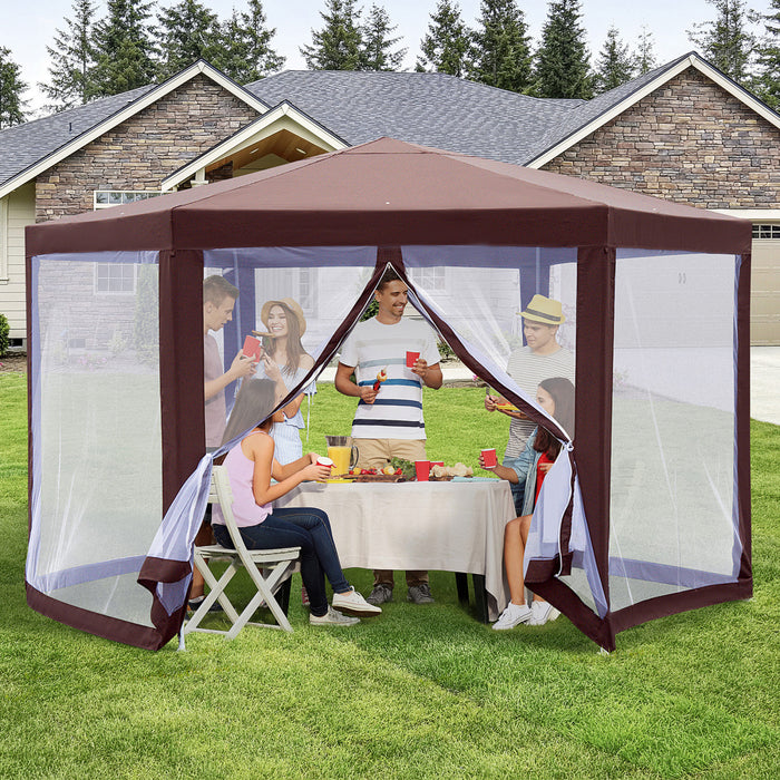 Outsunny 13' X 11' Hexagonal Garden Gazebo Patio Party Outdoor Canopy Tent Sun Shelter W/ Mosquito Net Zipped Door - Brown