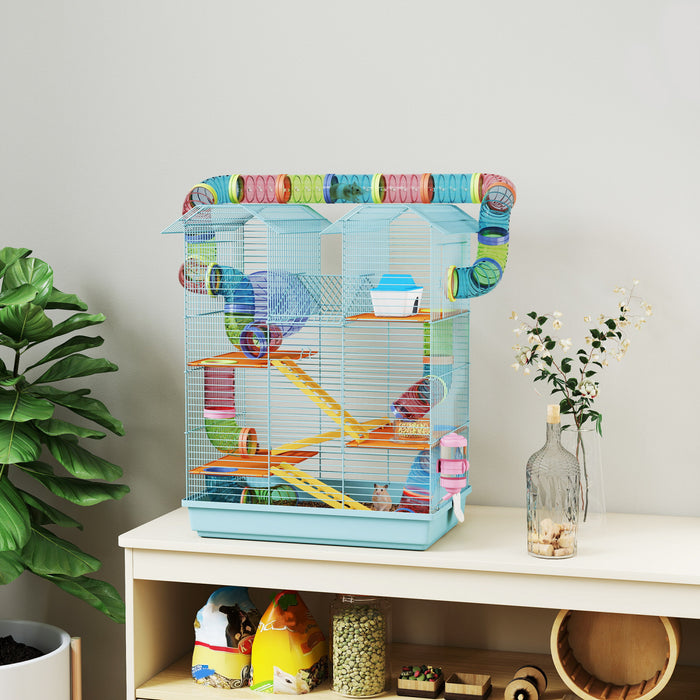 Pawhut 18.5\" Hamster Cage, 5 Tiers Small Animal House With Tunnel Tube System, Exercise Wheel, Water Bottle, Food Dish, Ramp, Light Blue