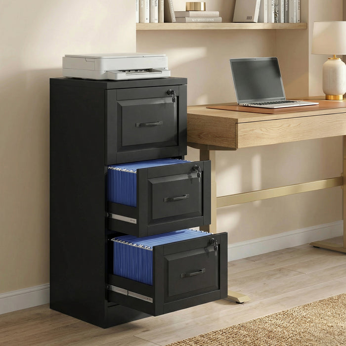 HOMCOM 3 Drawer File Cabinet with Lock, Vertical Filing Cabinet, Black
