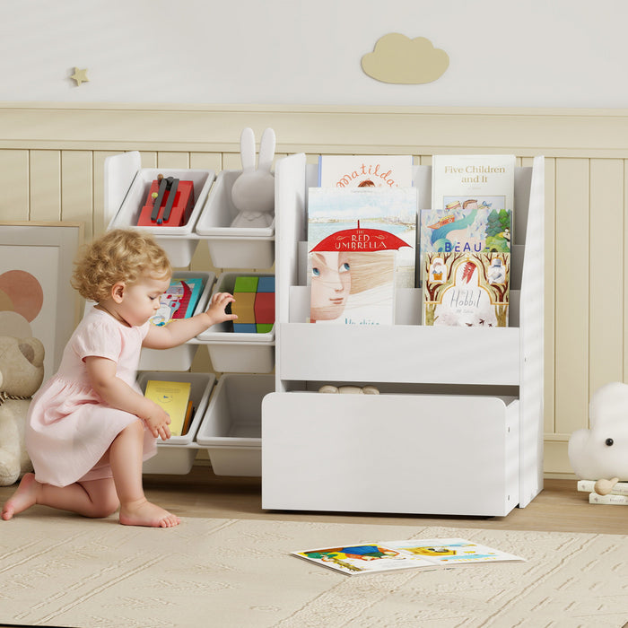 Qaba Kids Bookshelf and Toy Storage, 3-Tier Bookcase with 6 Removable Bins and Large Rolling Box, Montessori Toy Organizer for Toddler Nursery Playroom Bedroom, White
