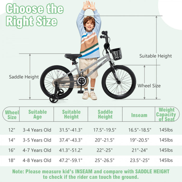 Costway 18\" Kid's Bike With Training Wheels Adjustable Handlebar & Seat Handbrake Sliver