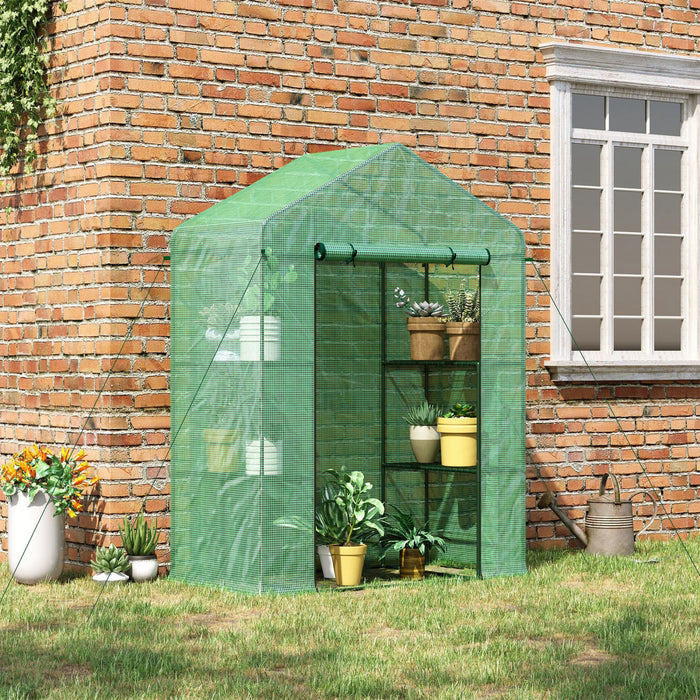 Outsunny 56\" X 29\" X 77\" Mini Greenhouse, Walk-in Greenhouse, Garden Hot House With 4 Shelves, Roll-up Door And Weatherized Cover, Deep Green