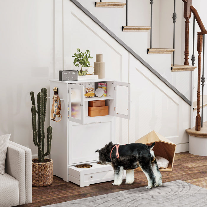 Pawhut Dog Feeding Station With 2 Storage Cabinets, Dog Food Storage Cabinet With 2 Raised Dog Bowls, Side Hooks, Anti-tip Kit For Water And Feeding Supplies, White